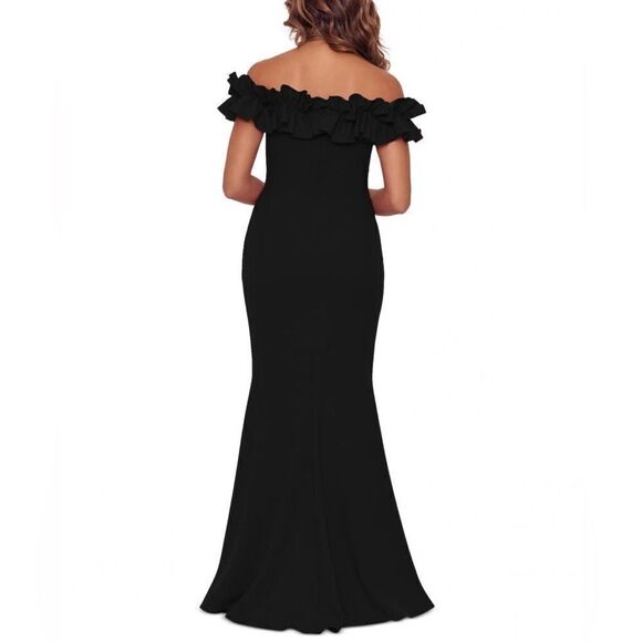 Xscape NWT Ruffle Off the Shoulder Crepe Gown Black Size 6 - Picture 2 of 7